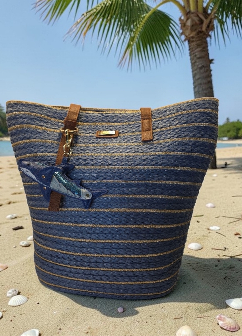 SALE!! Striped Blue & Tan Woven Straw Tote Bag with Shark Charm  NWT - Picture 3 of 8